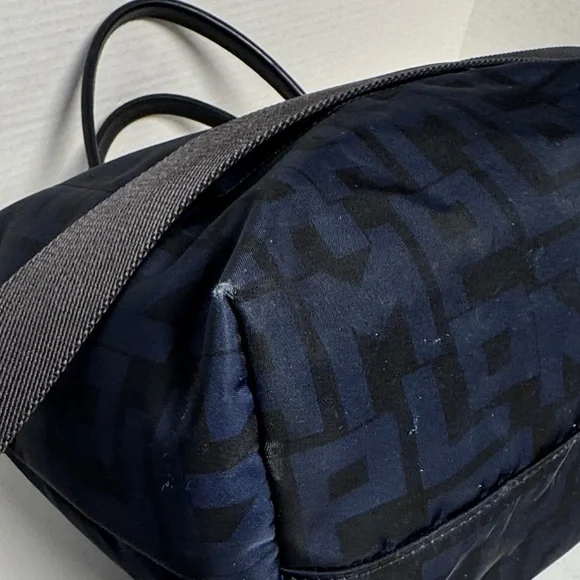 LONGCHAMP Le Pilage Navy Logo Duffel  Black Leather Trim Neon Yellow Accent - Picture 8 of 16